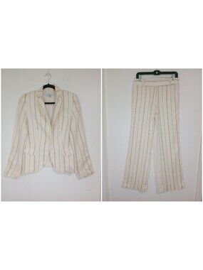 Zara Basic Beige & Brown Striped Blazer & Pants Set 8 Blaze, 4 Pants 100% Ramie
